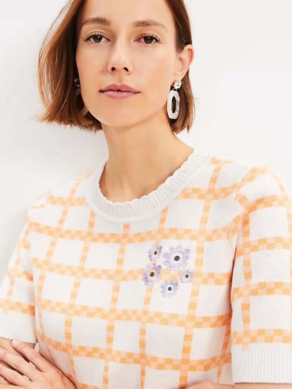 LOFT Floral Embroidered Gingham Sweater Tee